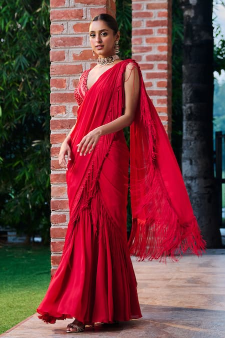 Buy_Ohaila Khan_Red Chiffon Beads, Sequins, Diar Fringe Bordered Pre-draped Saree With Blouse _Online_at_Aza_Fashions