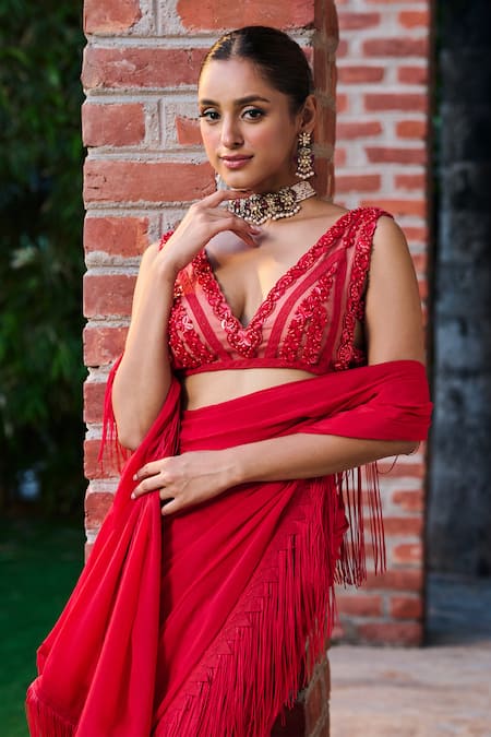 Shop_Ohaila Khan_Red Chiffon Beads, Sequins, Diar Fringe Bordered Pre-draped Saree With Blouse _Online_at_Aza_Fashions