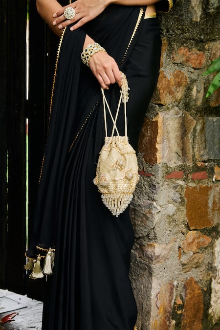 Ohaila Khan Black Chiffon Gota Patti Parvin Border Embellished Pre-draped Saree With Blouse Online at Aza Fashions Ohaila Khan_Black Chiffon Gota Patti Parvin Border Embellished Pre-draped Saree With Blouse _Online_at_Aza_Fashions