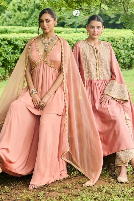 Shop Ohaila Khan Pink Chiffon Cut Work, Sequins, Aafreen Neckline Embroidered Peplum Kurta Set Online at Aza Fashions Shop_Ohaila Khan_Pink Chiffon Cut Work, Sequins, Aafreen Neckline Embroidered Peplum Kurta Set _Online_at_Aza_Fashions