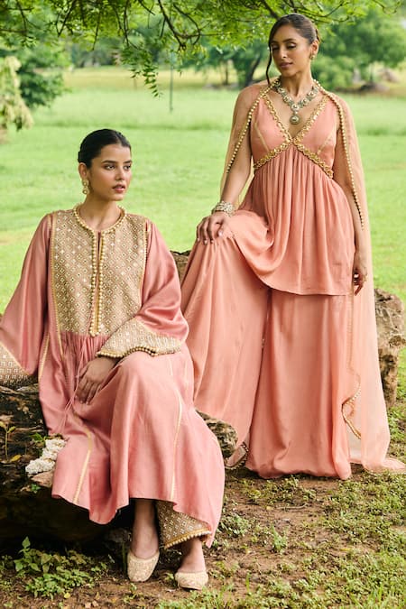 Ohaila Khan Pink Chiffon Cut Work, Sequins, Aafreen Neckline Embroidered Peplum Kurta Set at Aza Fashions Ohaila Khan_Pink Chiffon Cut Work, Sequins, Aafreen Neckline Embroidered Peplum Kurta Set _at_Aza_Fashions