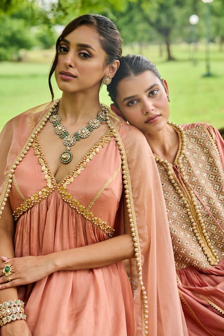 Buy Ohaila Khan Pink Chiffon Cut Work, Sequins, Aafreen Neckline Embroidered Peplum Kurta Set Buy_Ohaila Khan_Pink Chiffon Cut Work, Sequins, Aafreen Neckline Embroidered Peplum Kurta Set