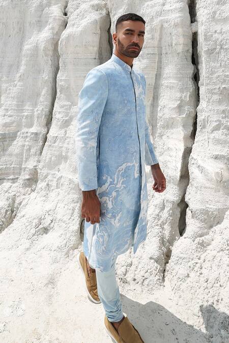 Buy PIRI INDIA Blue Crepe, Satin, Silk Cut Work Marble Print Sherwani Set Online at Aza Fashions Buy_PIRI INDIA_Blue Crepe, Satin, Silk Cut Work Marble Print Sherwani Set _Online_at_Aza_Fashions