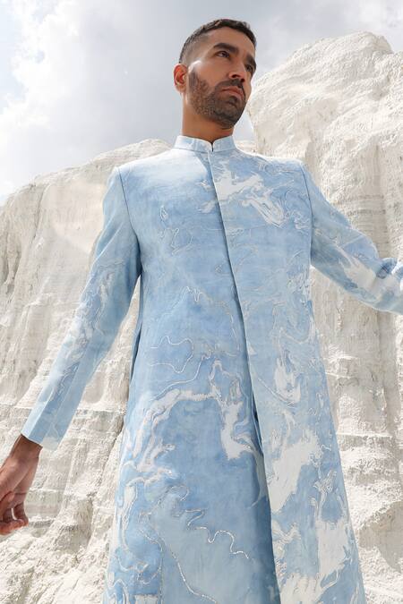 Shop PIRI INDIA Blue Crepe, Satin, Silk Cut Work Marble Print Sherwani Set Online at Aza Fashions Shop_PIRI INDIA_Blue Crepe, Satin, Silk Cut Work Marble Print Sherwani Set _Online_at_Aza_Fashions
