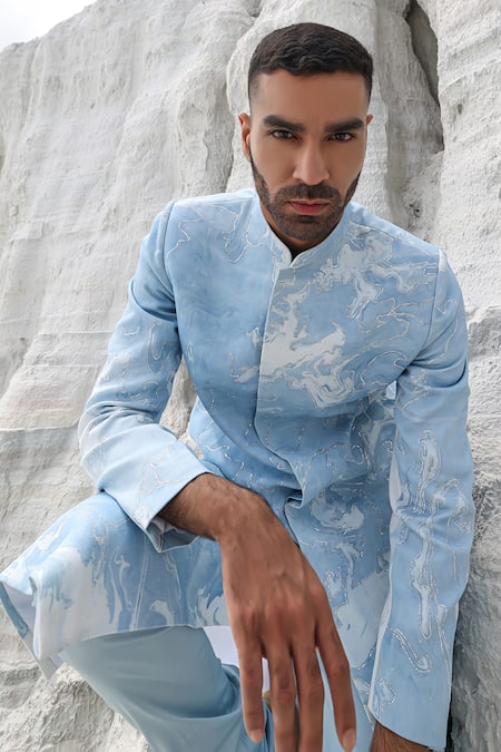 PIRI INDIA Blue Crepe, Satin, Silk Cut Work Marble Print Sherwani Set at Aza Fashions PIRI INDIA_Blue Crepe, Satin, Silk Cut Work Marble Print Sherwani Set _at_Aza_Fashions