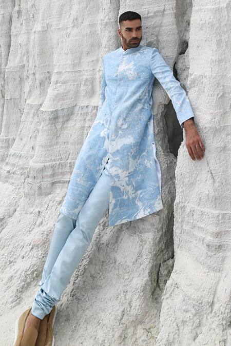 Buy PIRI INDIA Blue Crepe, Satin, Silk Cut Work Marble Print Sherwani Set Buy_PIRI INDIA_Blue Crepe, Satin, Silk Cut Work Marble Print Sherwani Set