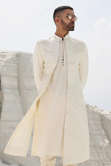 PIRI INDIA Off White Silk Cut Work Cutdana Embroidered Sherwani Set Online at Aza Fashions PIRI INDIA_Off White Silk Cut Work Cutdana Embroidered Sherwani Set _Online_at_Aza_Fashions