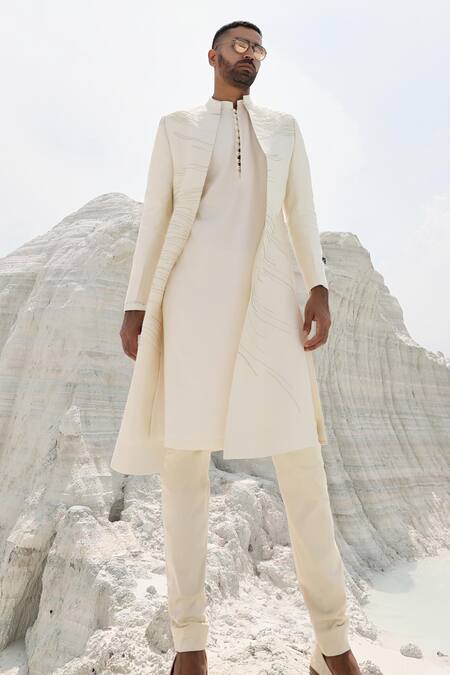 Buy PIRI INDIA Off White Silk Cut Work Cutdana Embroidered Sherwani Set Online at Aza Fashions Buy_PIRI INDIA_Off White Silk Cut Work Cutdana Embroidered Sherwani Set _Online_at_Aza_Fashions