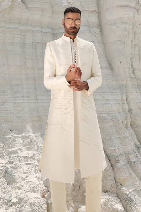 Shop PIRI INDIA Off White Silk Cut Work Cutdana Embroidered Sherwani Set Online at Aza Fashions Shop_PIRI INDIA_Off White Silk Cut Work Cutdana Embroidered Sherwani Set _Online_at_Aza_Fashions