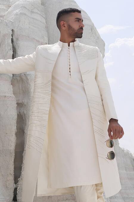 Shop PIRI INDIA Off White Silk Cut Work Cutdana Embroidered Sherwani Set Shop_PIRI INDIA_Off White Silk Cut Work Cutdana Embroidered Sherwani Set