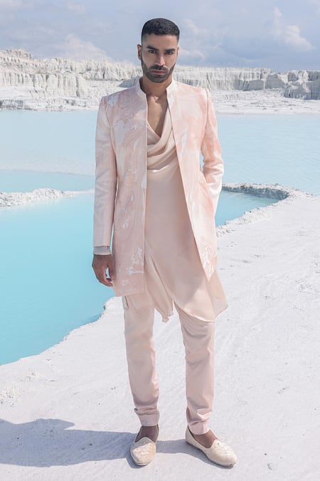 PIRI INDIA_Pink Silk, Crepe, Hemp Marble Print Sherwani And Kurta Set _Online_at_Aza_Fashions