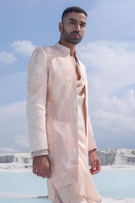 Shop_PIRI INDIA_Pink Silk, Crepe, Hemp Marble Print Sherwani And Kurta Set _Online_at_Aza_Fashions