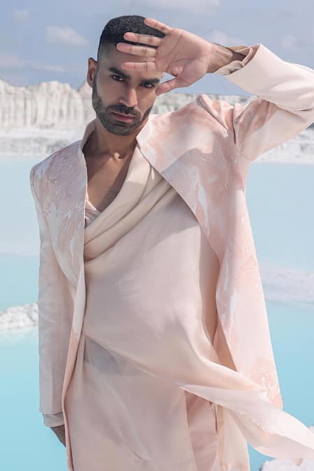 PIRI INDIA_Pink Silk, Crepe, Hemp Marble Print Sherwani And Kurta Set _at_Aza_Fashions