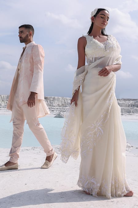 Buy_PIRI INDIA_Pink Silk, Crepe, Hemp Marble Print Sherwani And Kurta Set 