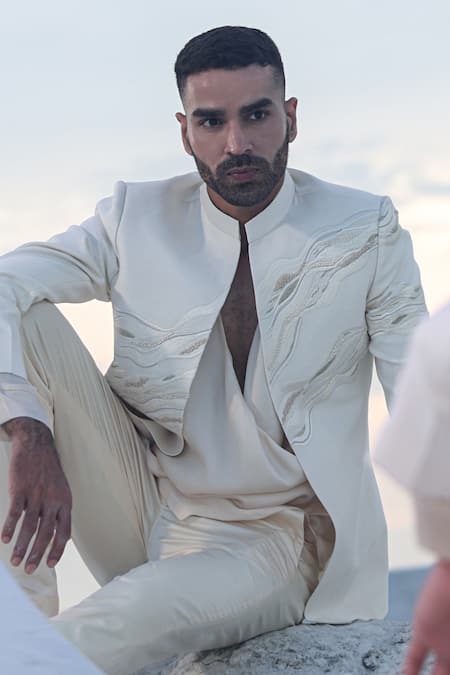 Piri India_Off White Dupion Silk Embroidery Cutdana Jacket Pant Set _Online_at_Aza_Fashions