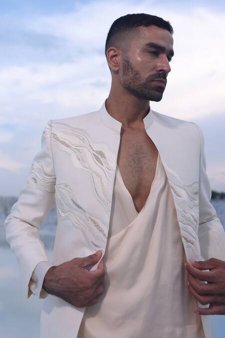 Buy_Piri India_Off White Dupion Silk Embroidery Cutdana Jacket Pant Set _Online_at_Aza_Fashions