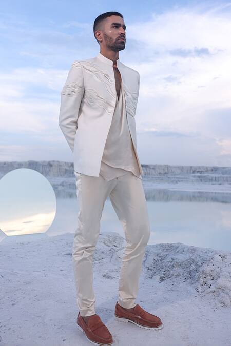 Shop_Piri India_Off White Dupion Silk Embroidery Cutdana Jacket Pant Set _Online_at_Aza_Fashions