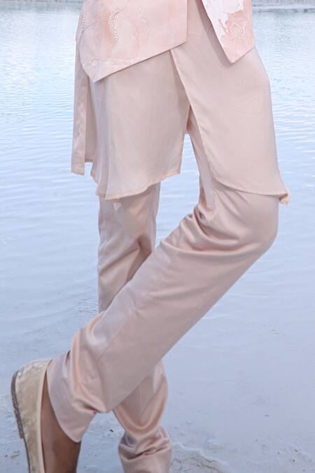 PIRI INDIA_Pink Silk, Crepe Embroidery Marble Print Bundi And Kurta Set _Online_at_Aza_Fashions