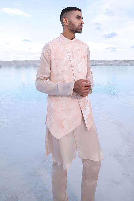 Buy_PIRI INDIA_Pink Silk, Crepe Embroidery Marble Print Bundi And Kurta Set _Online_at_Aza_Fashions