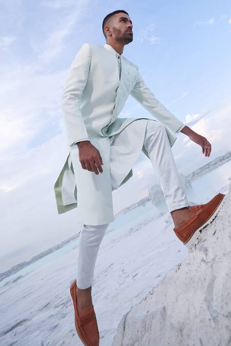 PIRI INDIA_Grey Silk Embroidery Thread Placement Sherwani Set _Online_at_Aza_Fashions