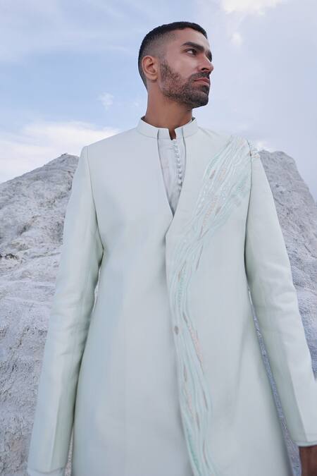 Shop_PIRI INDIA_Grey Silk Embroidery Thread Placement Sherwani Set _Online_at_Aza_Fashions