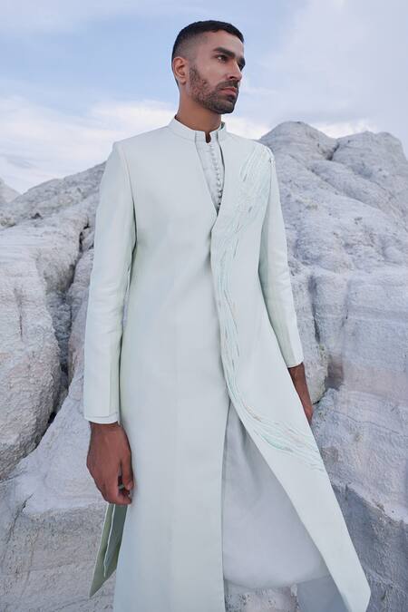 PIRI INDIA_Grey Silk Embroidery Thread Placement Sherwani Set _at_Aza_Fashions