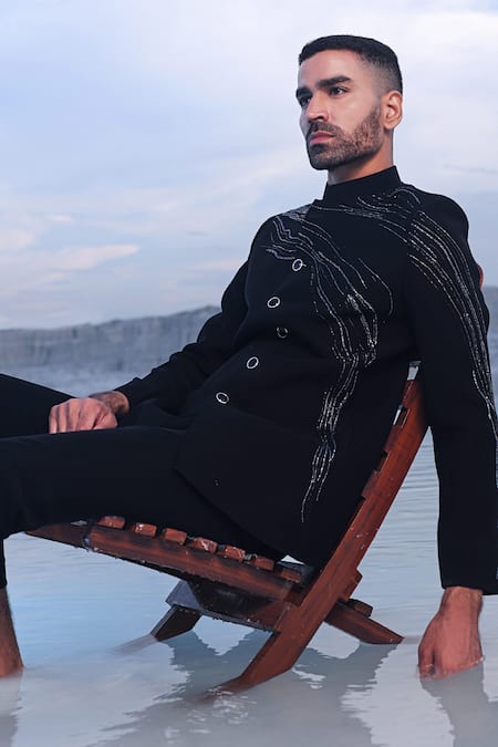 Buy_PIRI INDIA_Black Cut Work Cutdana Embroidered Bandhgala Set _Online_at_Aza_Fashions