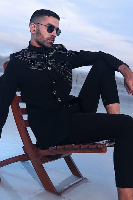 Shop_PIRI INDIA_Black Cut Work Cutdana Embroidered Bandhgala Set _Online_at_Aza_Fashions