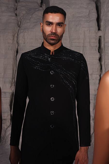 PIRI INDIA_Black Cut Work Cutdana Embroidered Bandhgala Set _at_Aza_Fashions