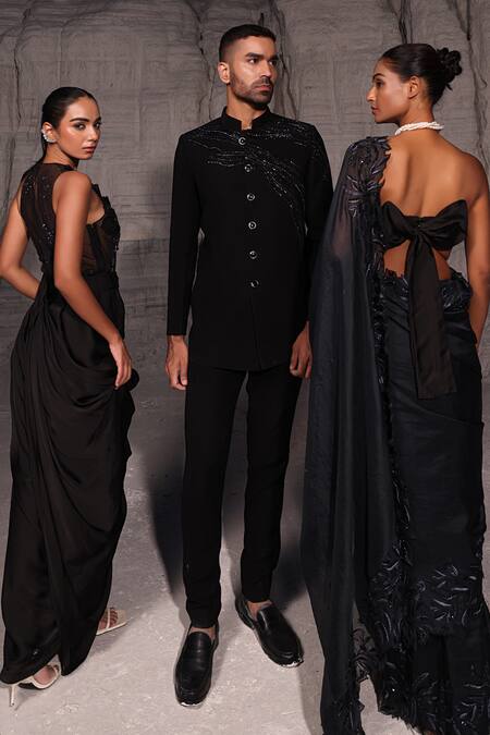 Buy_PIRI INDIA_Black Cut Work Cutdana Embroidered Bandhgala Set 