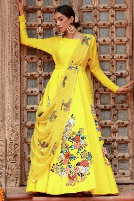 Gazab by Miku Kumar Saiba Botanical Print Anarkali With Belt 