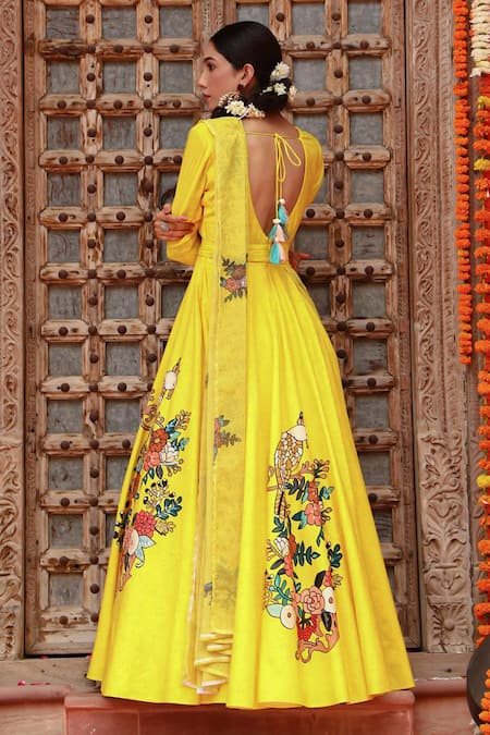 Shop Gazab by Miku Kumar Yellow Georgette, Muslin Tassels Round Neck, Botanical Print Anarkali With Belt at Aza Fashions Shop_Gazab by Miku Kumar_Yellow Georgette, Muslin Tassels Round Neck, Botanical Print Anarkali With Belt _at_Aza_Fashions