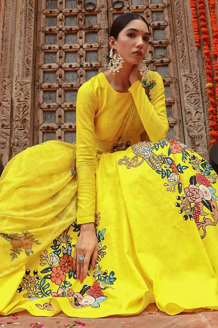 Buy Gazab by Miku Kumar Yellow Georgette, Muslin Tassels Round Neck, Botanical Print Anarkali With Belt Online at Aza Fashions Buy_Gazab by Miku Kumar_Yellow Georgette, Muslin Tassels Round Neck, Botanical Print Anarkali With Belt _Online_at_Aza_Fashions