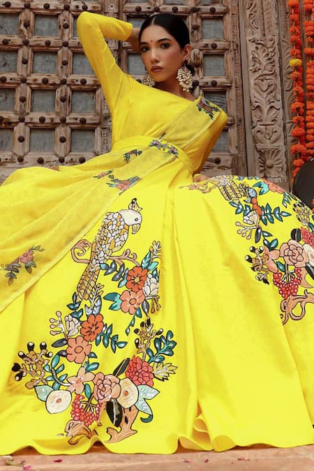 Shop Gazab by Miku Kumar Yellow Georgette, Muslin Tassels Round Neck, Botanical Print Anarkali With Belt Online at Aza Fashions Shop_Gazab by Miku Kumar_Yellow Georgette, Muslin Tassels Round Neck, Botanical Print Anarkali With Belt _Online_at_Aza_Fashions