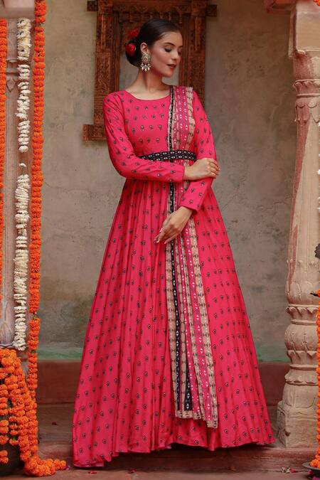 Buy Gazab by Miku Kumar Pink Muslin Embroidery Round Neck Divija Printed Anarkali With Dupatta Online at Aza Fashions Buy_Gazab by Miku Kumar_Pink Muslin Embroidery Round Neck Divija Printed Anarkali With Dupatta _Online_at_Aza_Fashions