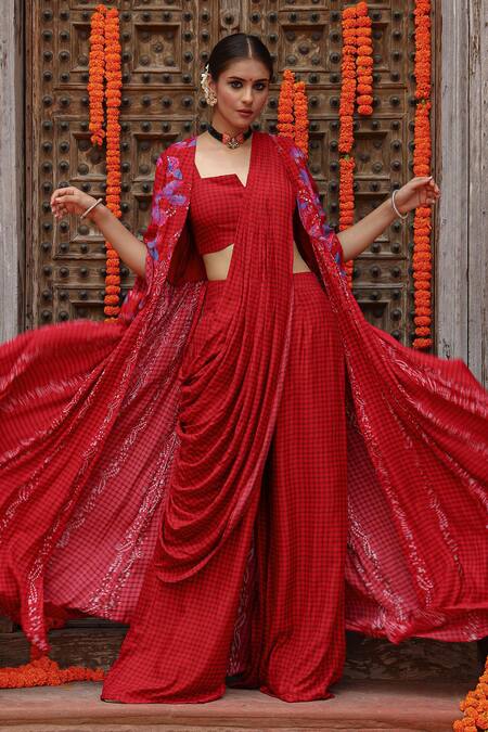 Gazab by Miku Kumar Maroon Muslin Embroidery Split V-neck Elsa Pre-draped Pant Saree Set With Cape Online at Aza Fashions Gazab by Miku Kumar_Maroon Muslin Embroidery Split V-neck Elsa Pre-draped Pant Saree Set With Cape _Online_at_Aza_Fashions