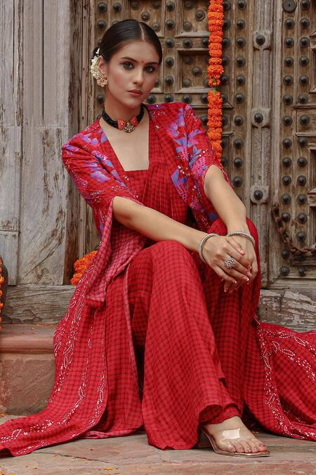 Buy Gazab by Miku Kumar Maroon Muslin Embroidery Split V-neck Elsa Pre-draped Pant Saree Set With Cape Online at Aza Fashions Buy_Gazab by Miku Kumar_Maroon Muslin Embroidery Split V-neck Elsa Pre-draped Pant Saree Set With Cape _Online_at_Aza_Fashions