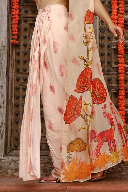 Gazab by Miku Kumar Peach Georgette, Muslin Plunge , Open Levi Draped Skirt Set With Cape Online at Aza Fashions Gazab by Miku Kumar_Peach Georgette, Muslin Plunge , Open Levi Draped Skirt Set With Cape _Online_at_Aza_Fashions