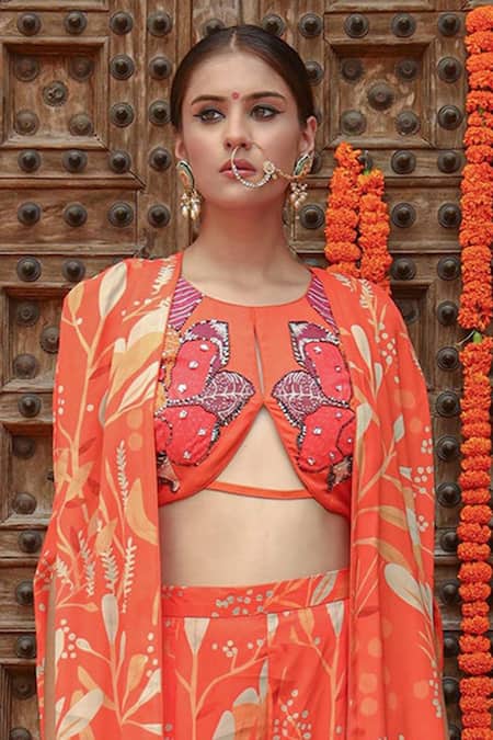 Buy_Gazab by Miku Kumar_Orange Georgette Embroidery Plunge Neck Keya Printed Pant Set With Cape _Online_at_Aza_Fashions