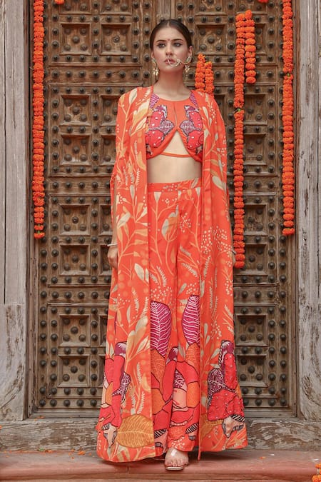 Shop_Gazab by Miku Kumar_Orange Georgette Embroidery Plunge Neck Keya Printed Pant Set With Cape _Online_at_Aza_Fashions