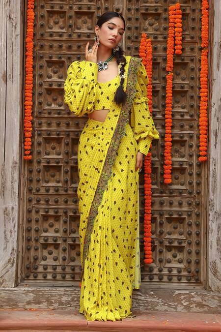 Gazab by Miku Kumar Yellow Georgette Embroidery, Ruffles Tiana Printed Pre-draped Saree With Blouse Online at Aza Fashions Gazab by Miku Kumar_Yellow Georgette Embroidery, Ruffles Tiana Printed Pre-draped Saree With Blouse _Online_at_Aza_Fashions
