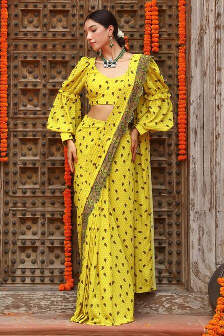 Shop Gazab by Miku Kumar Yellow Georgette Embroidery, Ruffles Tiana Printed Pre-draped Saree With Blouse Online at Aza Fashions Shop_Gazab by Miku Kumar_Yellow Georgette Embroidery, Ruffles Tiana Printed Pre-draped Saree With Blouse _Online_at_Aza_Fashions