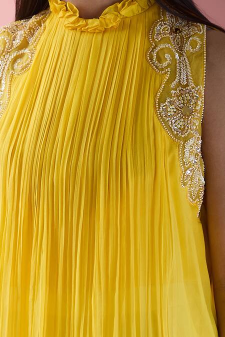 Samyukta Singhania Yellow Crepe Sequins, Beads Placement Hand Embroidered Tunic With Draped Skirt Online at Aza Fashions Samyukta Singhania_Yellow Crepe Sequins, Beads Placement Hand Embroidered Tunic With Draped Skirt_Online_at_Aza_Fashions