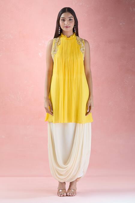 Samyukta Singhania Yellow Crepe Sequins, Beads Placement Hand Embroidered Tunic With Draped Skirt at Aza Fashions Samyukta Singhania_Yellow Crepe Sequins, Beads Placement Hand Embroidered Tunic With Draped Skirt_at_Aza_Fashions