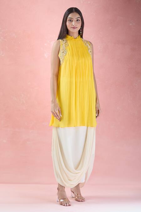 Buy Samyukta Singhania Yellow Crepe Sequins, Beads Placement Hand Embroidered Tunic With Draped Skirt Buy_Samyukta Singhania_Yellow Crepe Sequins, Beads Placement Hand Embroidered Tunic With Draped Skirt