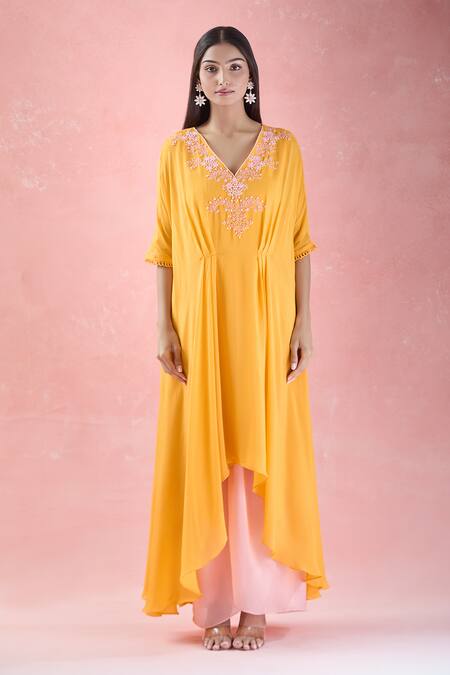 Samyukta Singhania_Orange V-neck Floral Hand Embroidered Kaftan And Palazzo Set_Online_at_Aza_Fashions