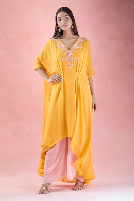 Buy_Samyukta Singhania_Orange V-neck Floral Hand Embroidered Kaftan And Palazzo Set_Online_at_Aza_Fashions