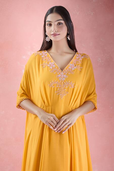 Shop_Samyukta Singhania_Orange V-neck Floral Hand Embroidered Kaftan And Palazzo Set_Online_at_Aza_Fashions