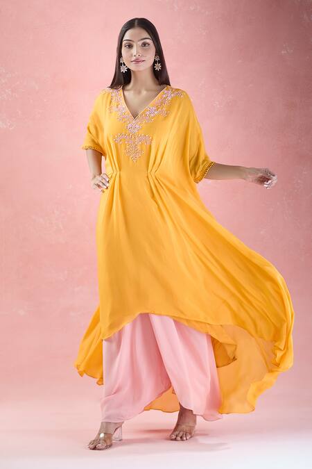 Buy_Samyukta Singhania_Orange V-neck Floral Hand Embroidered Kaftan And Palazzo Set