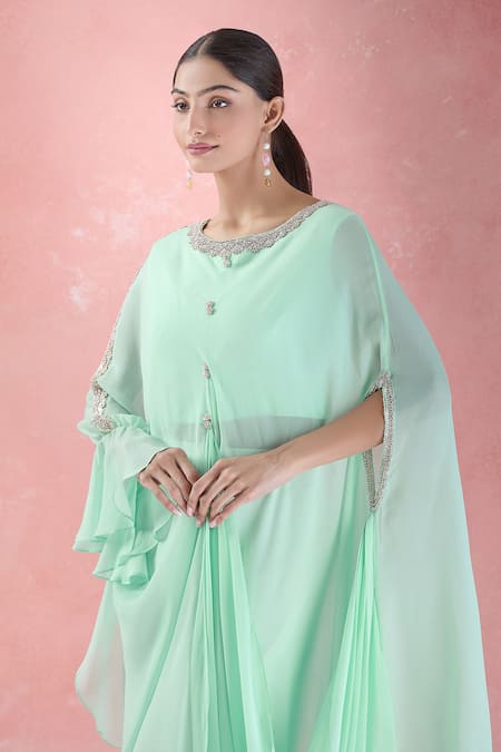 Samyukta Singhania Green Crepe Embroidery Round Neck Asymmetric Hand Tunic With Palazzo Online at Aza Fashions Samyukta Singhania_Green Crepe Embroidery Round Neck Asymmetric Hand Tunic With Palazzo_Online_at_Aza_Fashions